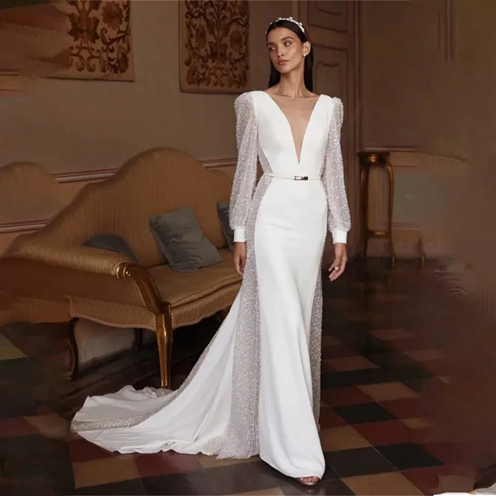 

Charming Long Puff Sleeves V-neck Sequined Mermaid Wedding Dresses Sweep Train Custom Made 2026 Rode De Morrie