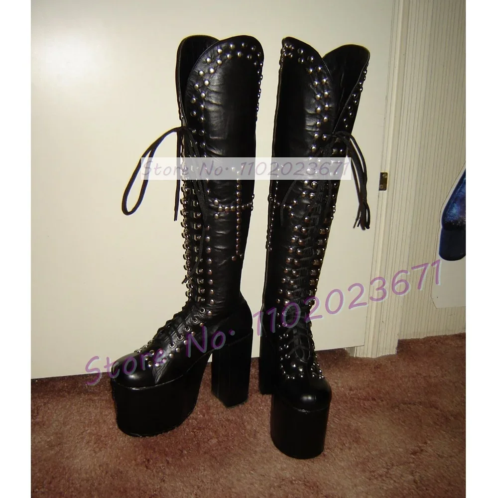

Женские высокие сапоги до колена, черные сапоги на платформе с металлическими заклепками и бахромой, в стиле панк, для косплея