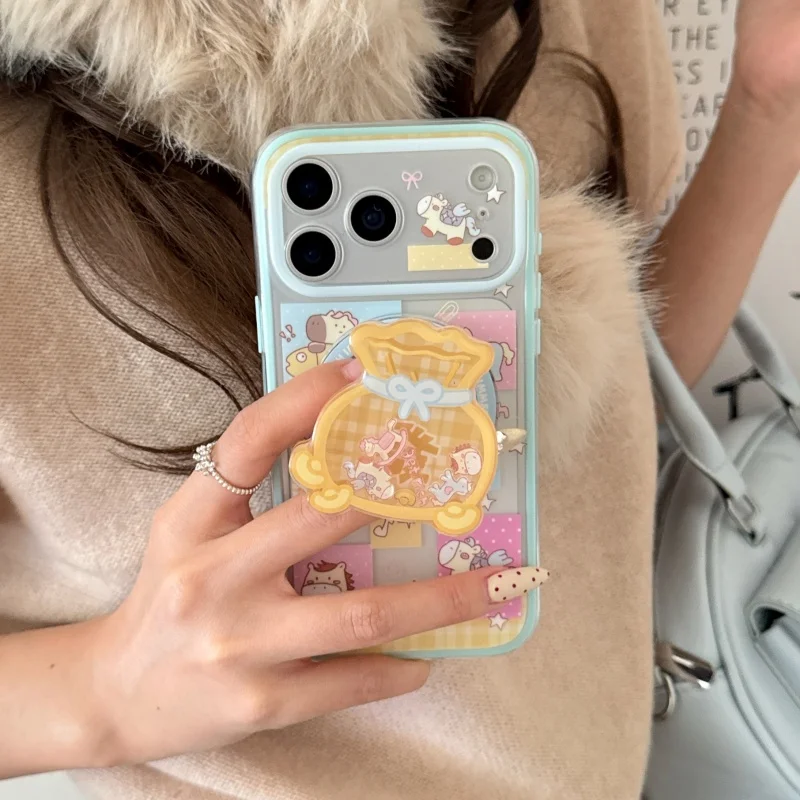 

Funny Cute Cartoon Pony Plaid Pattern Magnetic Phone Case For iPhone 17 Pro 16 15 14 Pro Max Cover 2 in 1 Shockproof Cases with