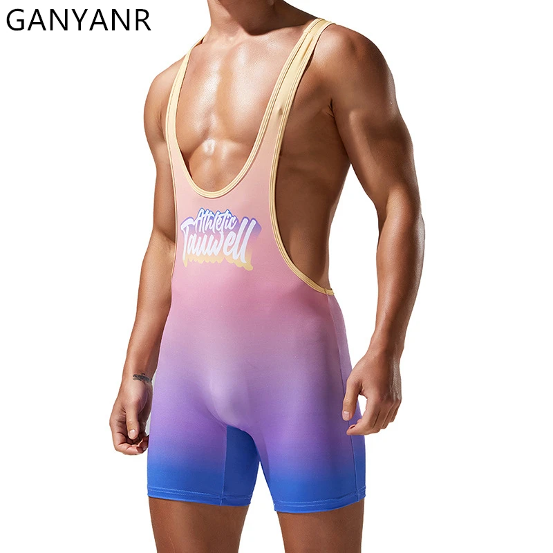 GANYANR Men Sports Set Power Lifting Singlet Wrestling Suits Training Weight Fitness Sweatsuit Leotard Body Tracksuits Summer