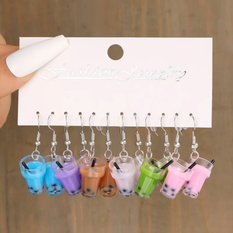 Conjunto de pendientes de té de la leche de dibujos animados para mujer y niña, resina simulada, comida acrílica, bebida, helado, Animal, pendiente colgante DIY, joyería