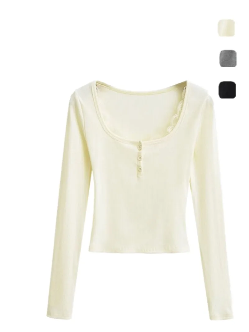 Dopasowany krój, długi rękaw, dekolt w kształcie litery U, ozdobny guzik, koronkowy wykończenie, damska moda uliczna, wczesna jesień, nowość...