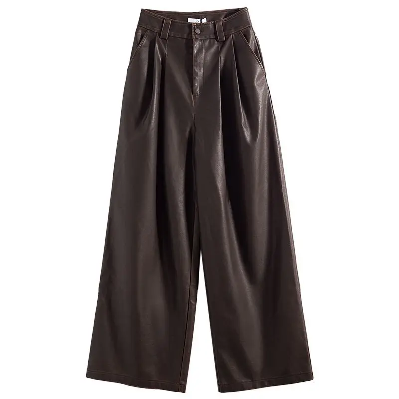 Maillard-Pantalon rétro en cuir PU plissé marron pour femme, taille haute, jambe large, nouveaux styles d'automne et d'hiver, pantalon Chimadt