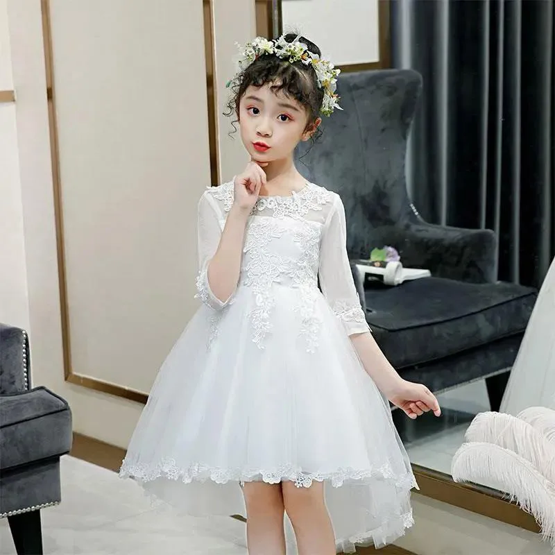 Girl's Princess Dress Tail Dress Children's White Gauze Dress Host Piano Performance Dress Flower Girl Wedding Little Girl