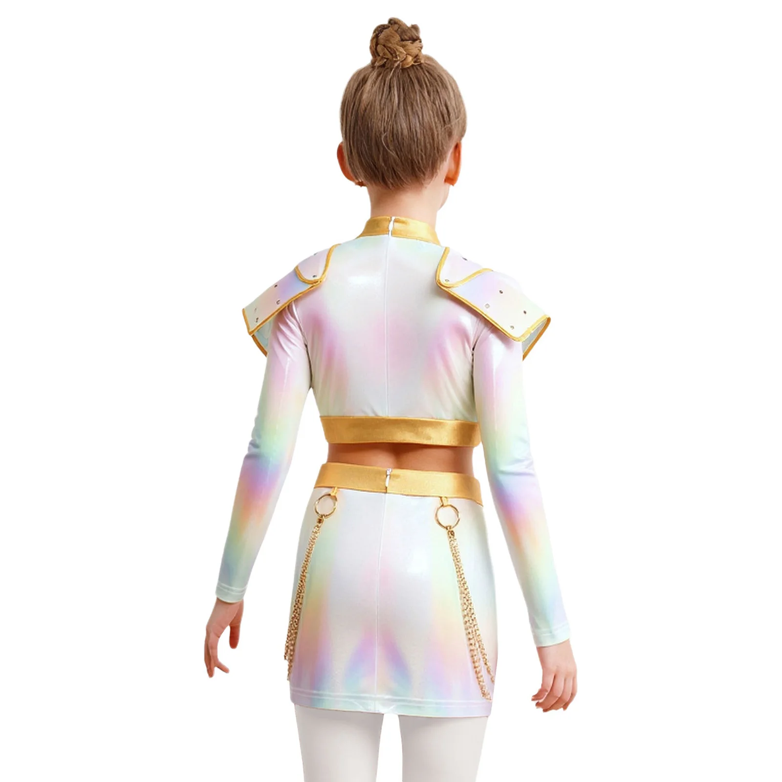 Vestito cosplay per personaggi anime per ragazze, lucentezza iridescente, collo finto, manica lunga, retro, top corto invisibile e gonna con catene in vita