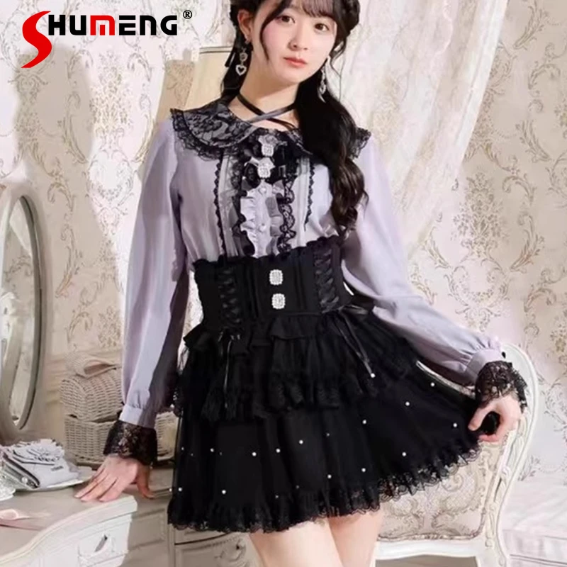 

2025 Autumn New Kawaii Blouse Japanese Original Rojita Style New Lace Sweet Neck Tie Bow Long Sleeves Single-breasted Top Shirt