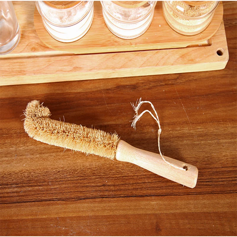 Coconut Palm Cup Brush Wooden Long Handle Bottle Kitchen Wash Cup Tweezers Glass Decontamination Helper Cleaning Brush