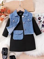 2PCS New Autumn Style For 1-4 Year Old Girls. Comfortable Fashionable Casual Black Dress + Denim Vest Set