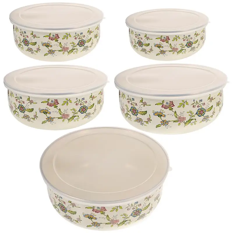 Tigela de esmalte grande e tampas para armazenamento de alimentos, sopa e salada, recipiente de assentamento, tigela de plástico, 5 PCs