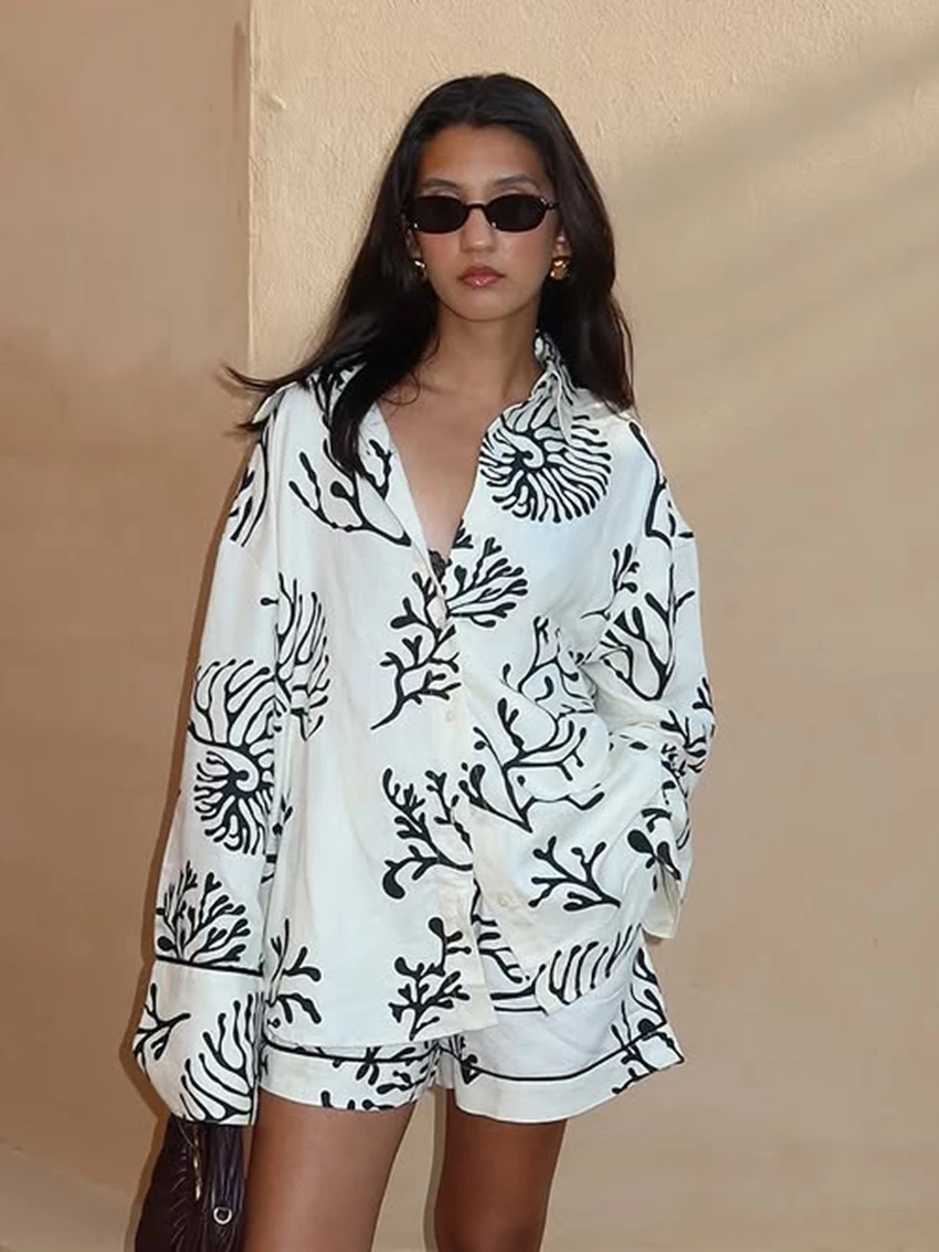 

Marthaqiqi Printing Women Sleepwear Set Long Sleeve Nightgowns Sexy Turn-Down Collar Pajamas Shorts Casual Ladies Nightwear Suit