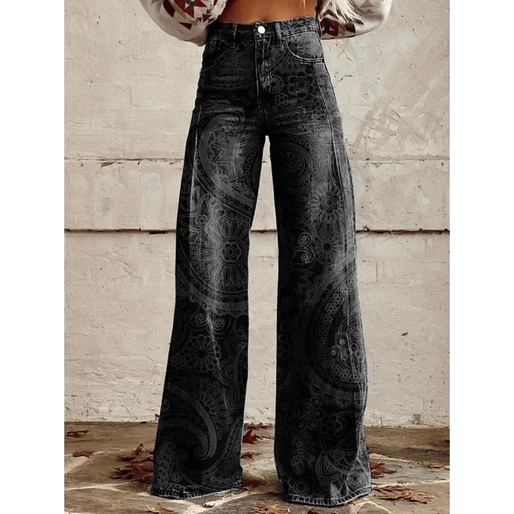 Harajuku Bohemian Art Print Palazzo-Hose mit hoher Taille und weitem Bein, Baumwolle, lässige, locker sitzende Hose mit Taschen, Damen-Punk-Hose – Detail 6