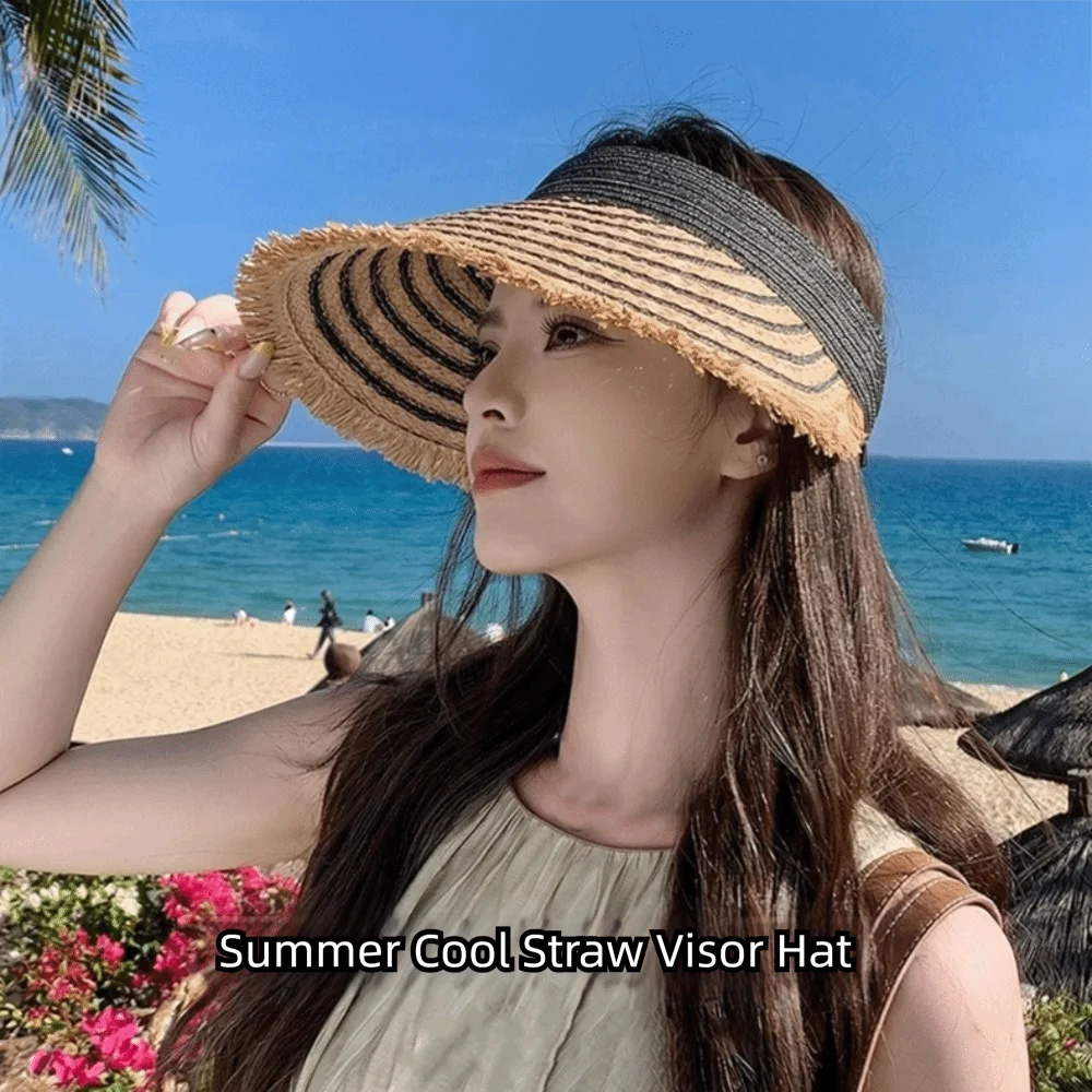 Top Air Cap Portable Empty Top Straw Hat Breathable Solid Color Wide Brim Woven Polyester Versatile Folding Sunshade Hat Women