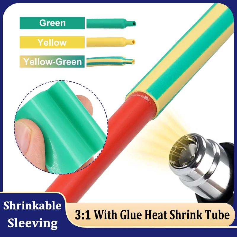 

1~10m 3:1 With Glue Heat Shrink Tube Yellow/Green 1.6~39mm Polyolefin Insulated Dual Wall Adhesive Lined Protector Cable Sleeve