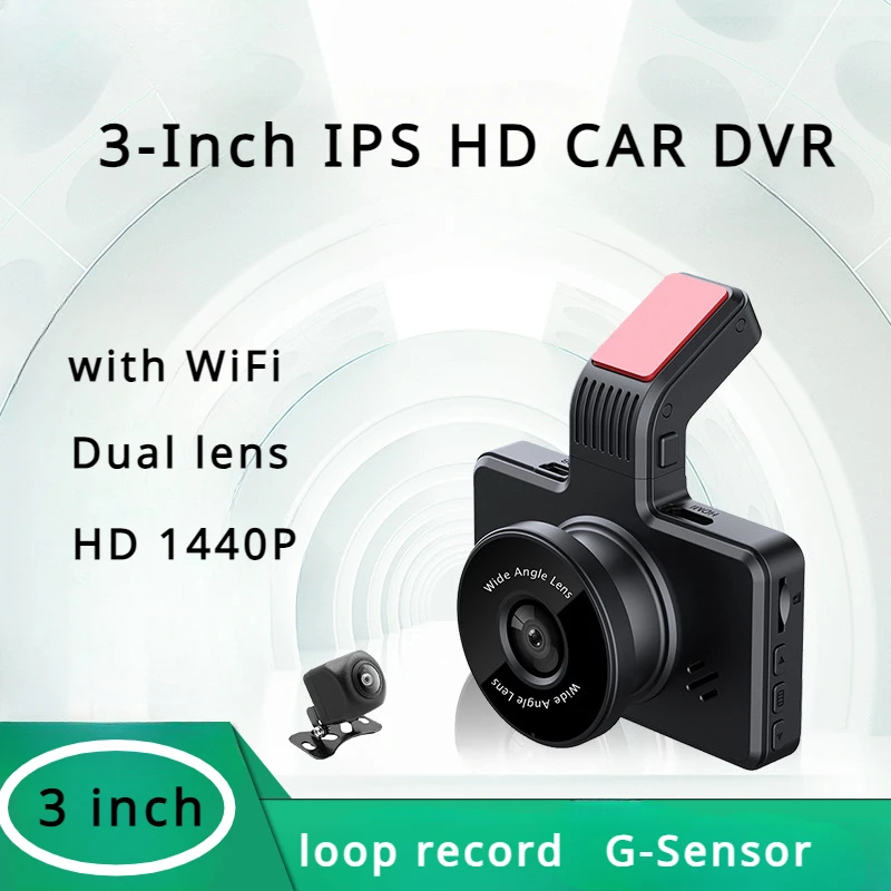 Black Box With WiFi Car Camera Dash Cam Loop Record Cars 3 Inch HD Cam 24-hour Parking Monitoring Cam 1440p Dual Lens G-Sensor