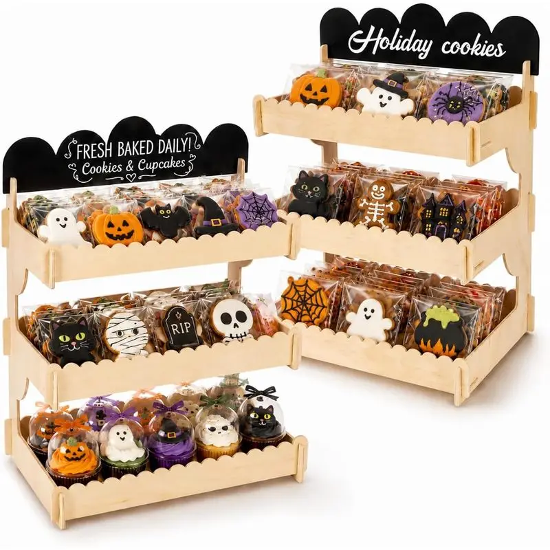 Halloween Wooden 3-Tier Dessert Display Stand, Cupcake Holder with Blackboard, Tiered Cookie Storage Rack, Desktop Pastry