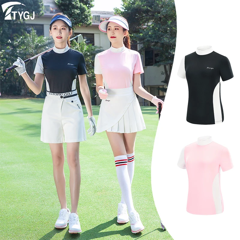 

TTYGJ Korean Golf Apparel Women Quick-dry Short Sleeved Top Sports Color Blocking Casual Shirts Quick Drying Elastic Golf Tees