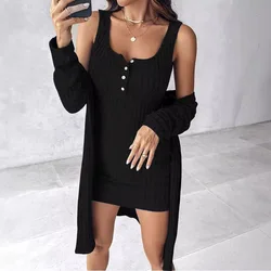 New Long Sleeved Button Up Dress Loose Women's Cardigan Jacket Two-piece Set Short Skirt and Coats Suit Summer and Fall 2024