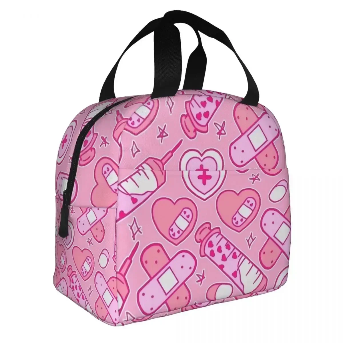 Nursing Medica Pattern Nurse Bright Pink Insulated Lunch Bag Meal Container Thermal Bag Tote Lunch Box School Picnic Bento Pouch