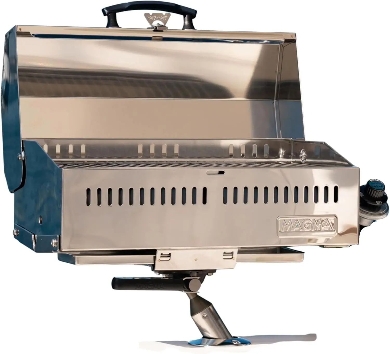 

Portable Stainless Steel Boat Grill with Propane Gas, Foldable Legs, and Heat-Resistant Handle for Outdoor Cooking