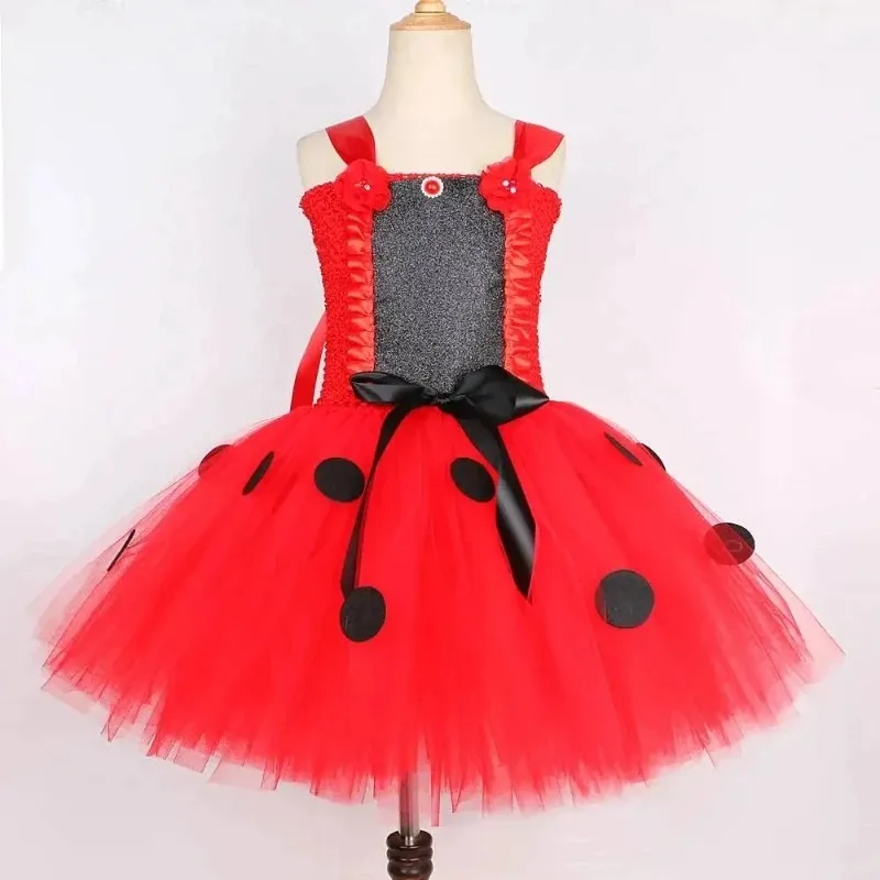 Little Girls' Red Sparkly Ladybug Themed Tulle Tutu Dress, Cute Insect Fairy Clothes Set for Halloween, Carnivals and Parties