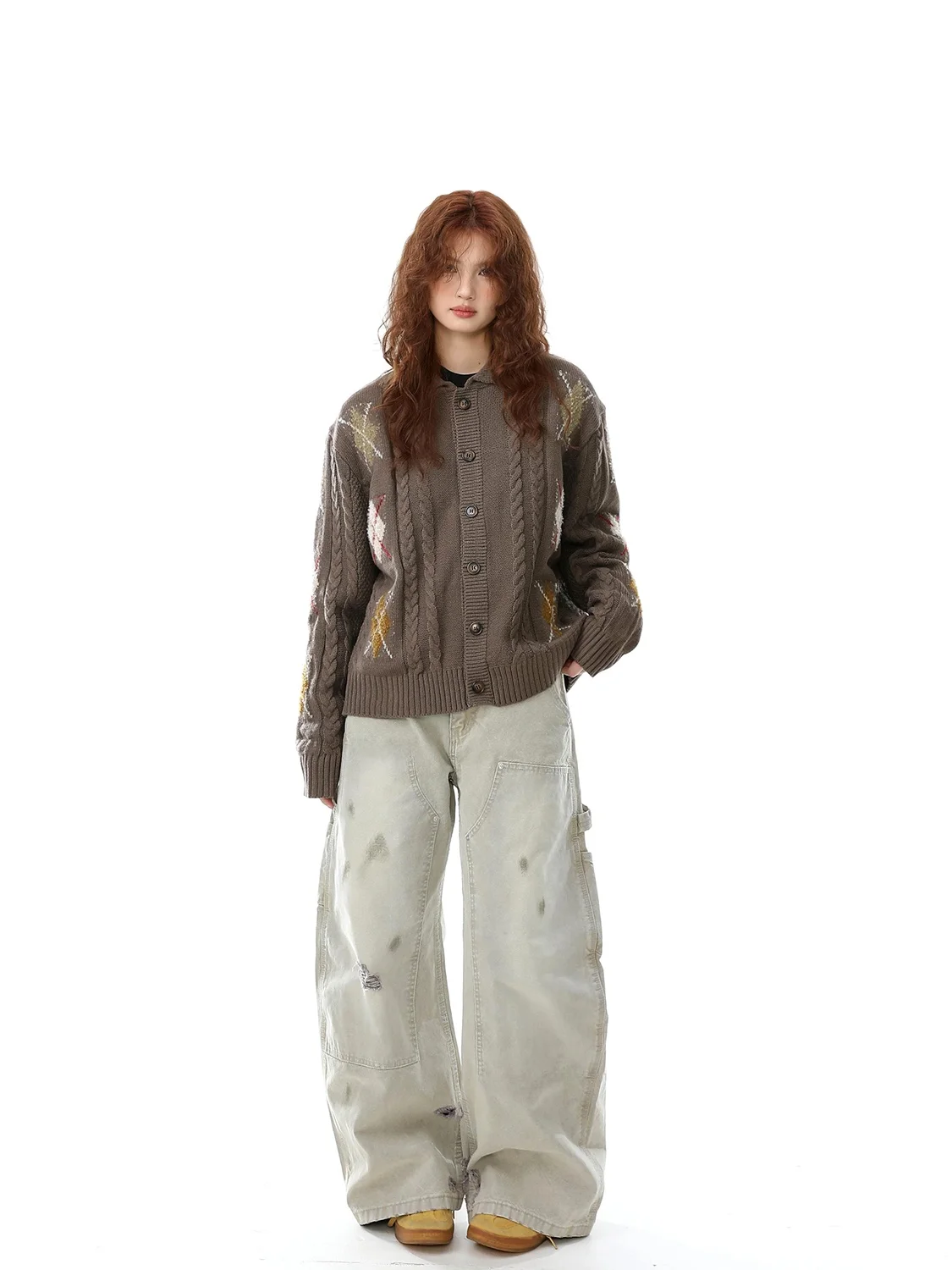 

Мужской свитер в американском стиле, свободный крой, повседневный, вязаный, с фланелевым узором в ромбы, с отложным воротником, удобный зимний топ