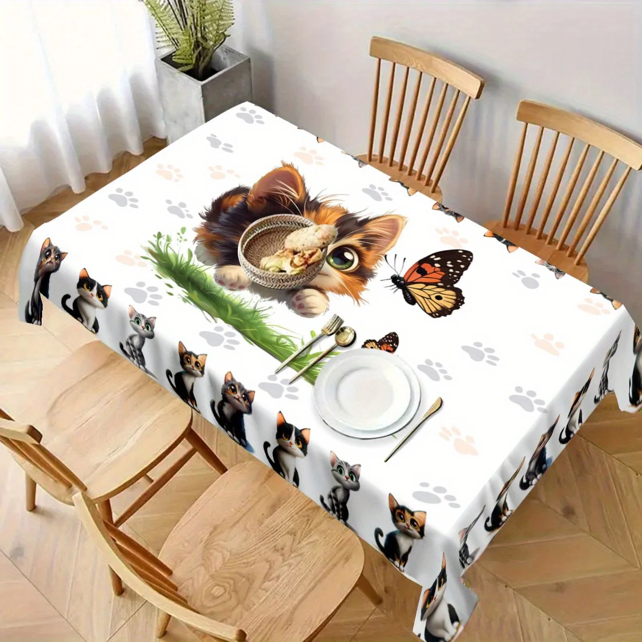 One cartoon cat chasing a butterfly pattern and paw print polyester tablecloth - anti-wrinkle.PMJ