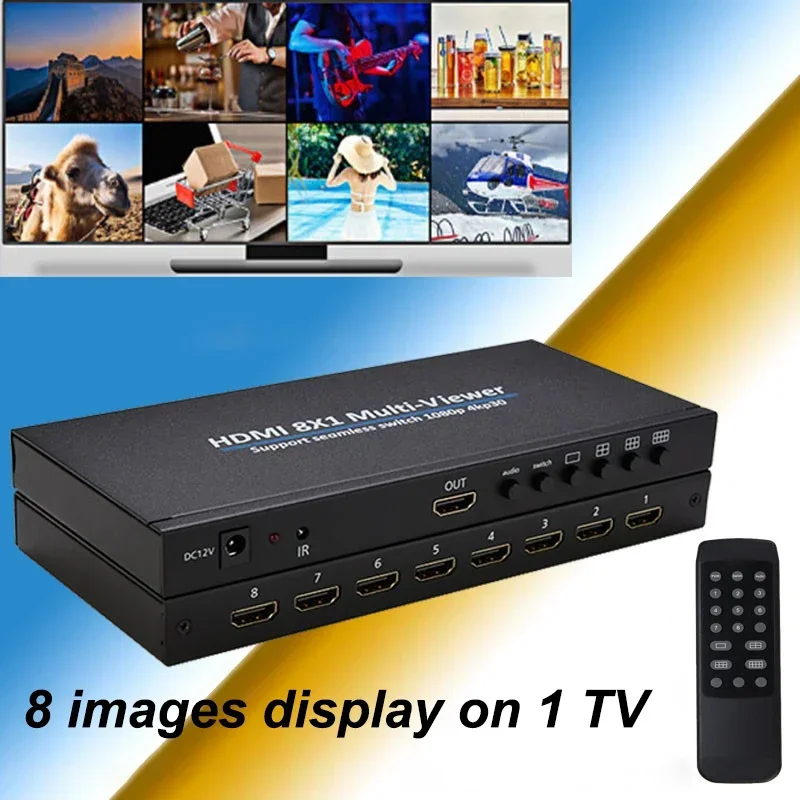 4K 8x1 HDMI Multiviewer 1080p Quad Screen Multi Viewer 8 in 1 Out Screen Splitter Seamless Switch for PS4 Camera PC TV Projector