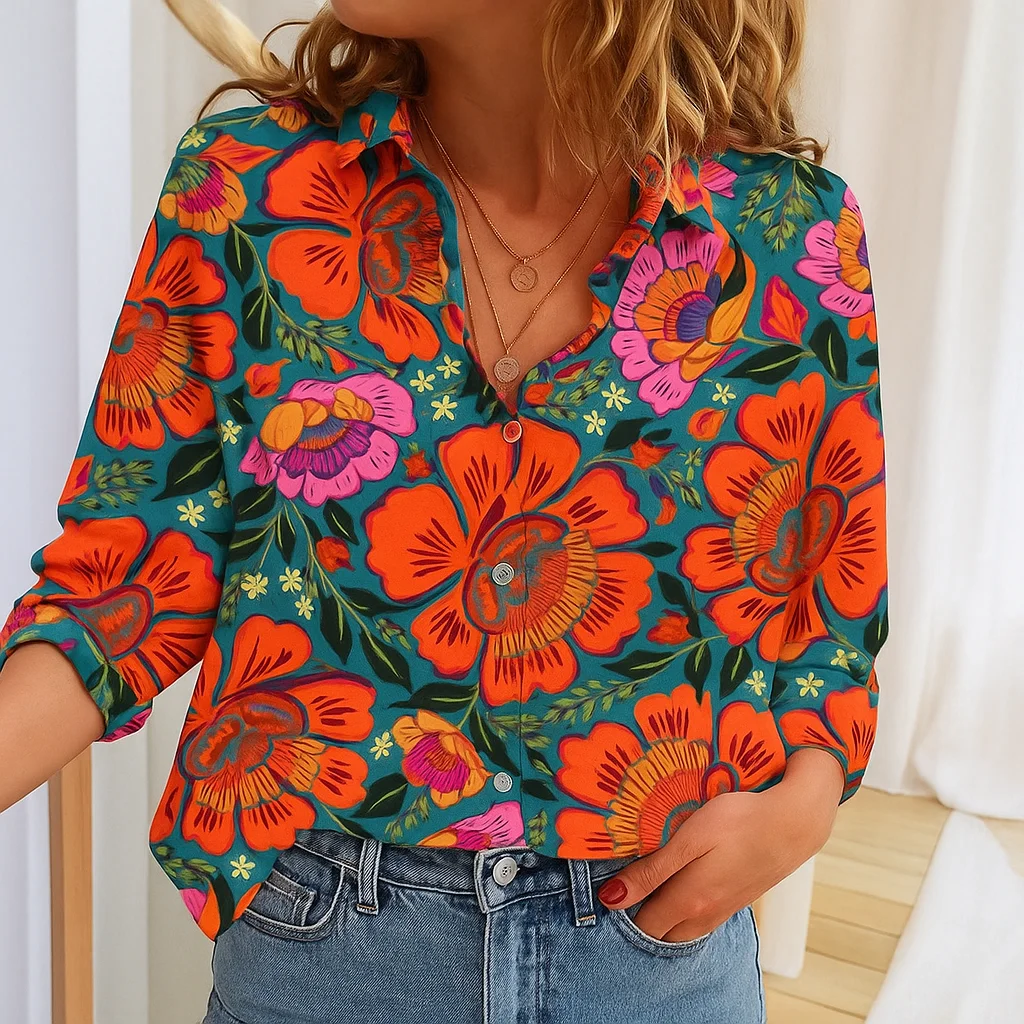 

2025 Trendy Women's Flower Printed Long Sleeve Shirt Elegant Office Blouse Chic Casual Top Autumn Winter Stylish Female Tops