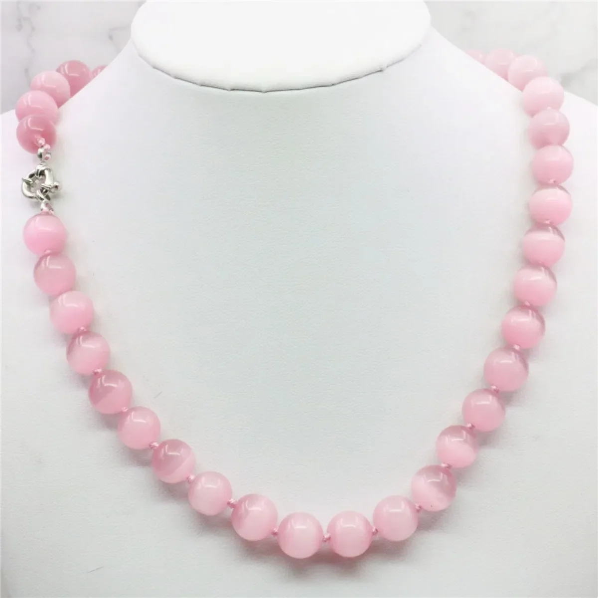 10mm Transparent Round Pink Mexican Opal Cat Eye Necklace Hand Made Rope Chain Beads DIY Jewelry Natural Stone Charming AAA