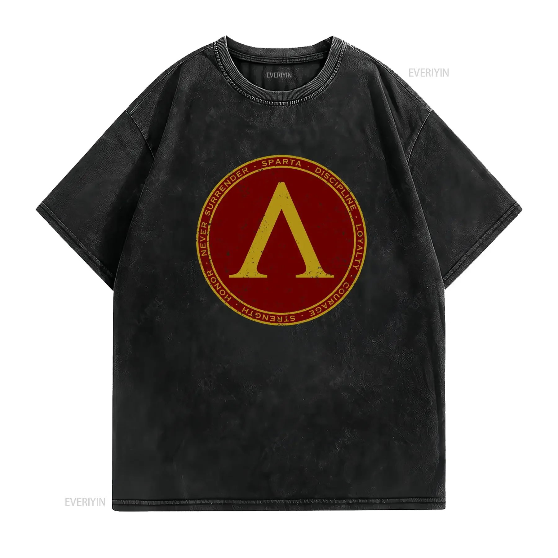 Vintage Spartan Lambda Symbol Print T Shirt Casual Never Surrender Sparta Honor Strength Discipline  vintage Washed Breathable