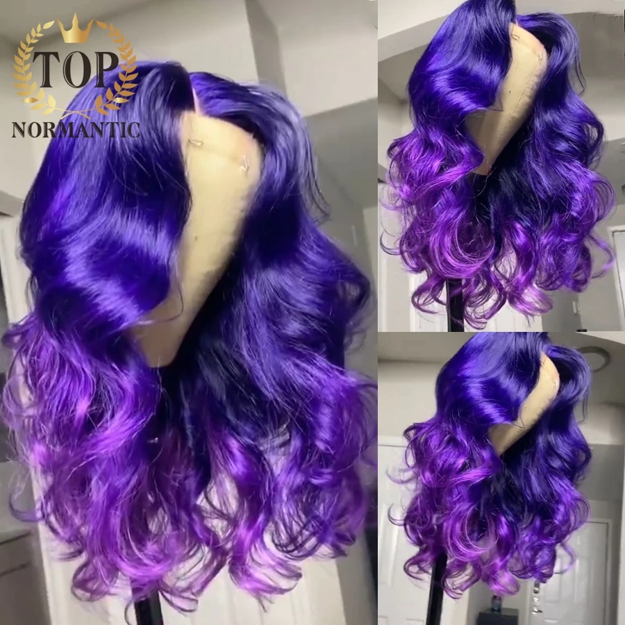 Topnormantic Ombre Purple Color Body Wave Wig with Baby Hair 13x6 Lace Front Remy Brazilian Human Hair Wigs for Women