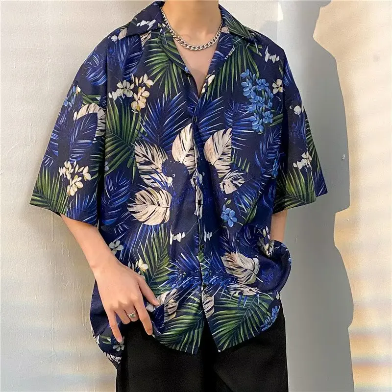 

Vintage Retro Hawaiian Leaf Fruit Flower Short Sleeve Shirt Unisex Summer Hong Kong Style INS Casual Loose Fit Youth Shirt