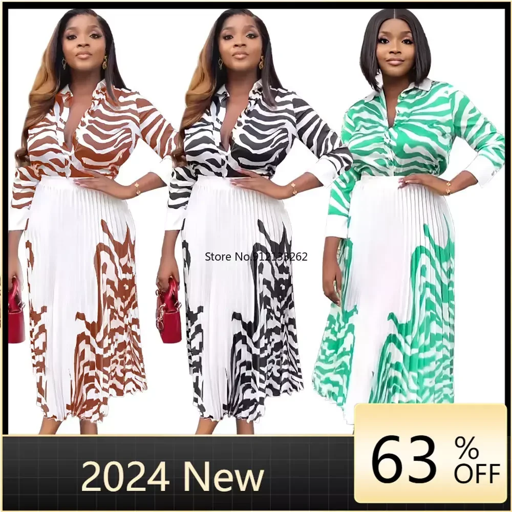 African Clothes for Women Summer Fashion African Women Long Sleeve Polyester Two Pieces Sets Top and Skirt African Sets