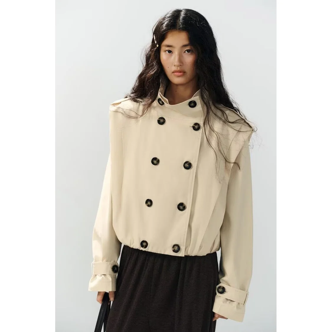 Fashionable Short Folded VA Women's Coat Versatile Stylish Spring Autumn Polyester Fiber Long Sleeve Stand Collar Double Button