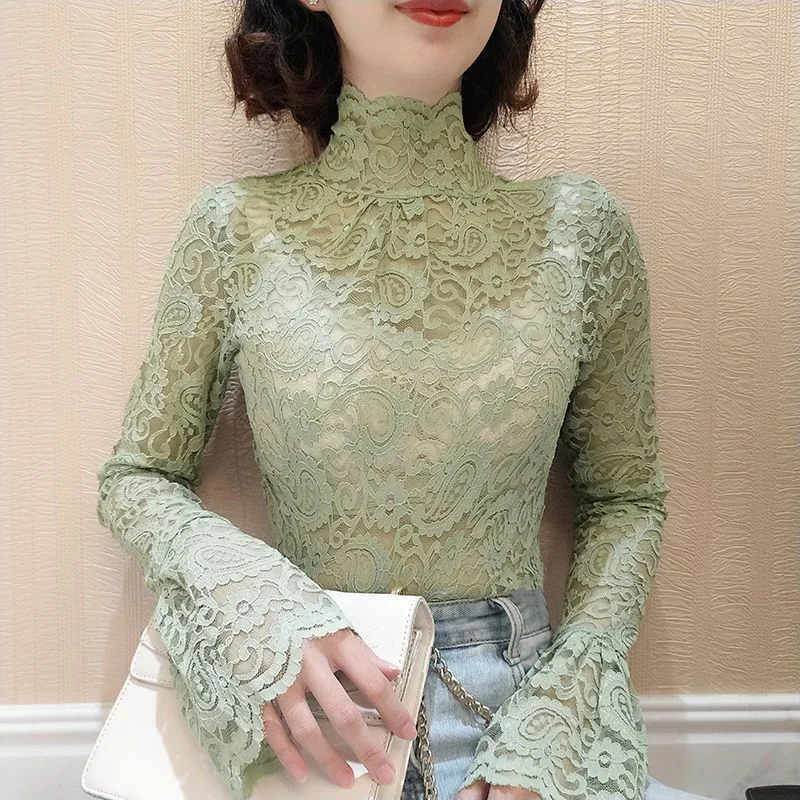 Elegant Turtleneck Ruffles Hollow Out Lace Blouse WomenClothing 2023 Autumn New Casual Pullovers Flare Sleeve Office Lady Shirt