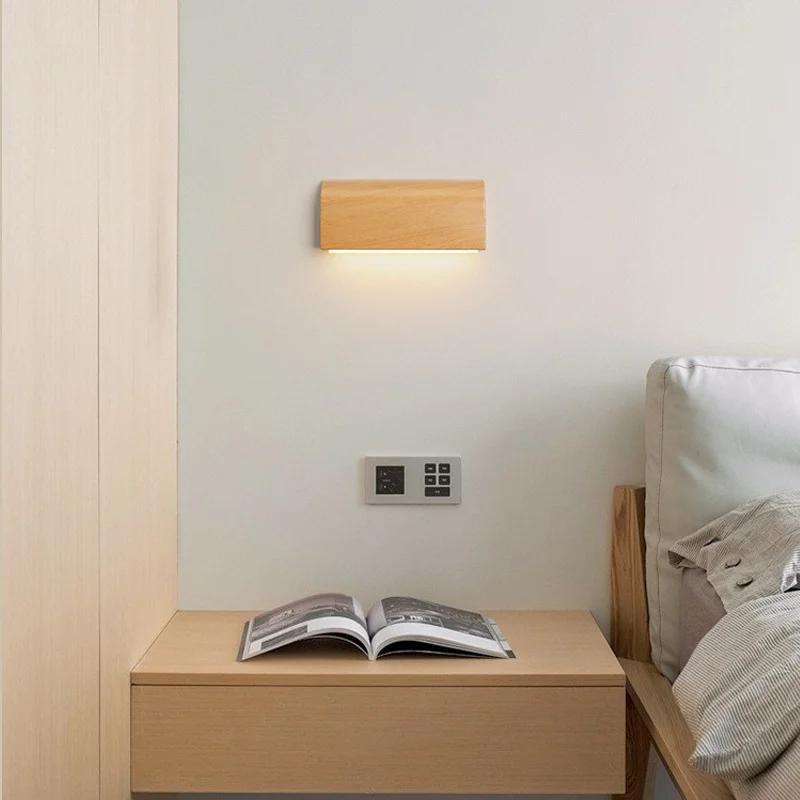 Nordic Style Living Room Wall Light Indoor Corridor Aisle Minimalist Walnut Wood Color Bedside Wall Lamp Dimming Fixture
