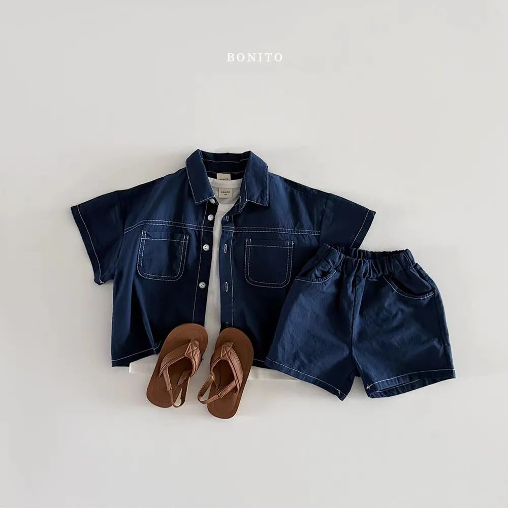 2025 Summer New Baby Short Sleeve Clothes Set Boys Fashion Lapel Denim Shirts + Shorts 2pcs Suit Kids Girls Solid Casual Set