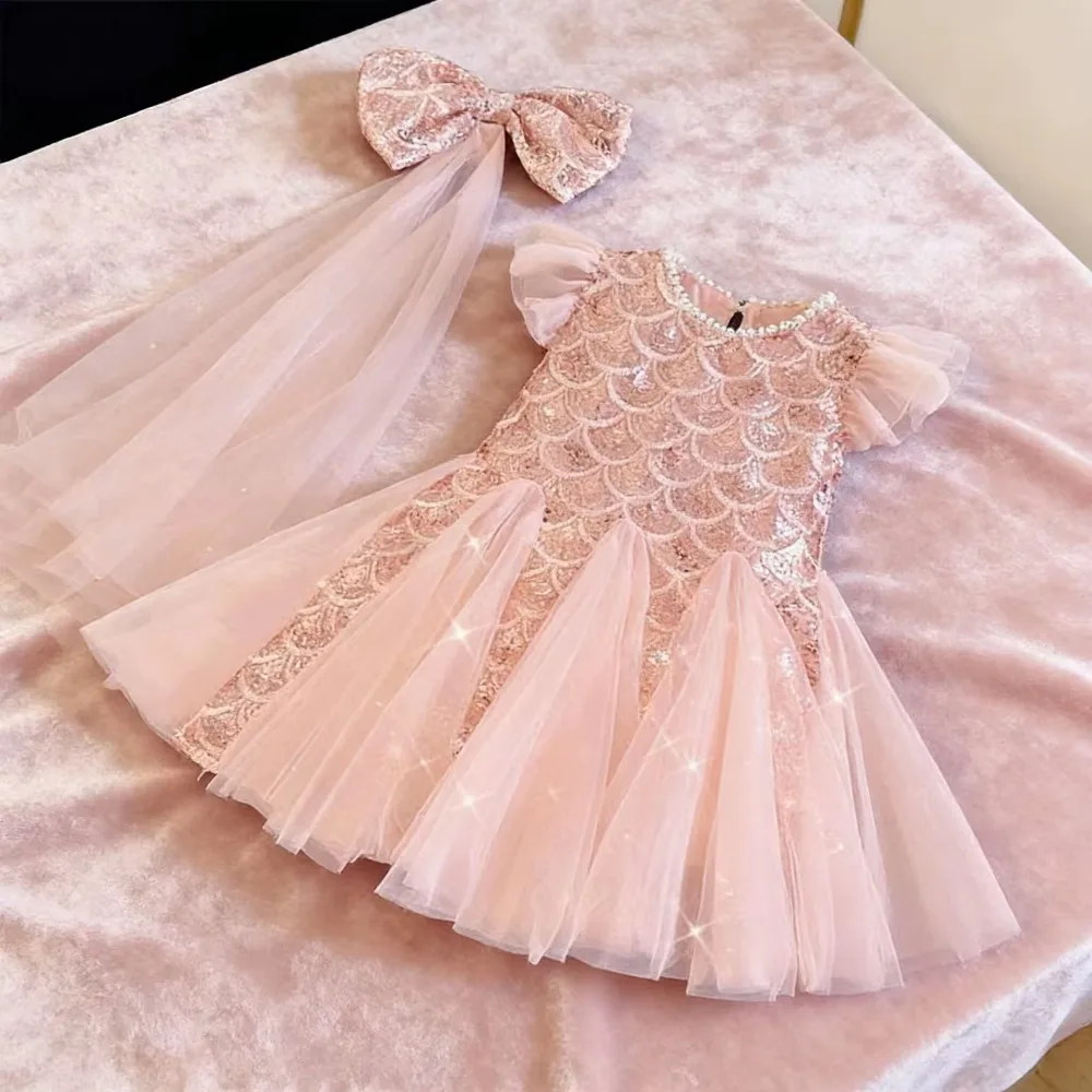 2026 New Summer1-10Y  Kids Girls Mermaid Dress, Sequin Tulle Sleeveless Princess Dress with Headband for 90-150cm
