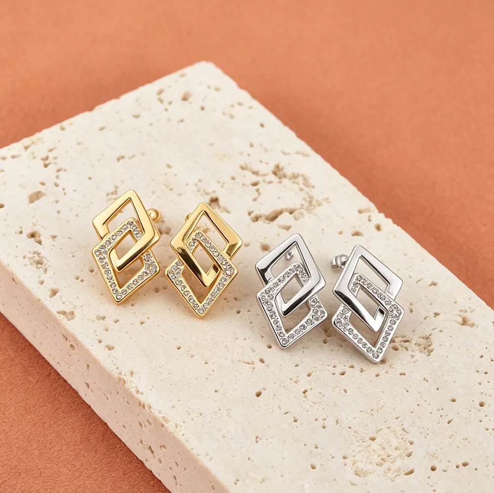JeeMango Geometrische Doppel-Rhombus-Zirkon-Ohrringe für Damen, Edelstahl, goldfarben, Kristall-Ohrring, Modeschmuck, E26089 – Detail 7
