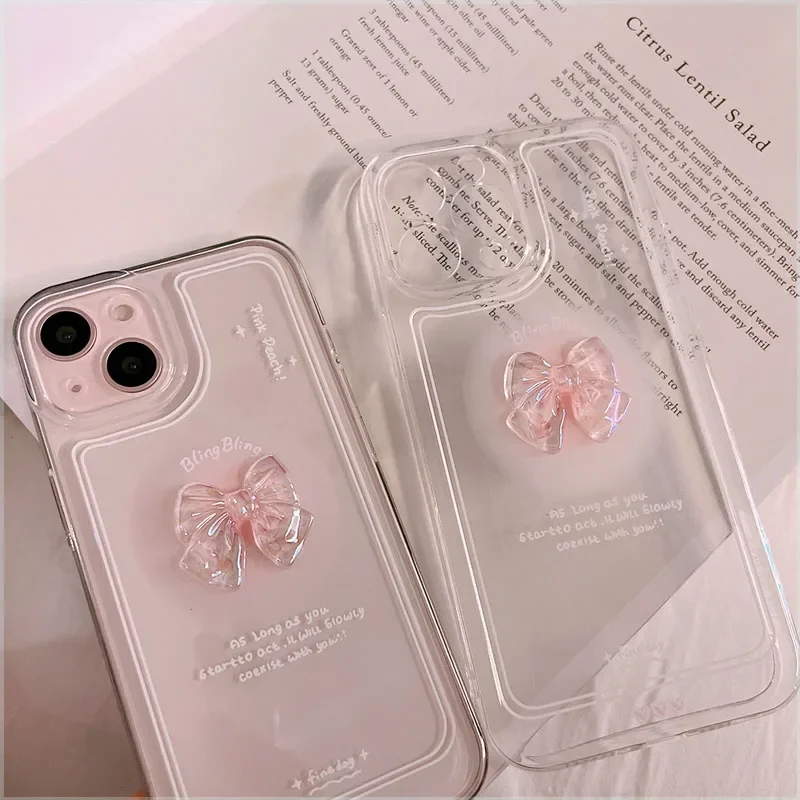 NEW 3D Bow Transparent Phone Case For IPhone 15 14 16 Plus 11 12 Pro Max 13 Mini X XR 7 8 Plus SE2 Crystal Candy Cute Soft Cover