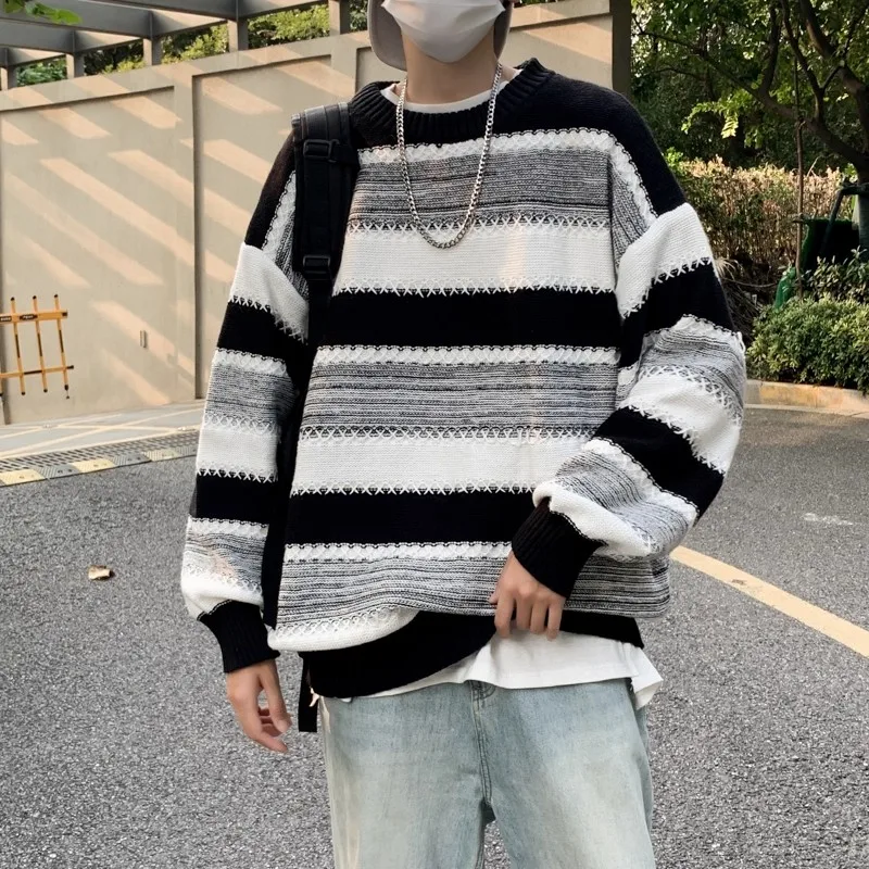 

Мужской вязаный свитер Lazy Sle в полоску, свободный крой, круглый вырез, модный повседневный стиль для пар, с длинными рукавами, из полиэфирного волокна, с цветной застежкой