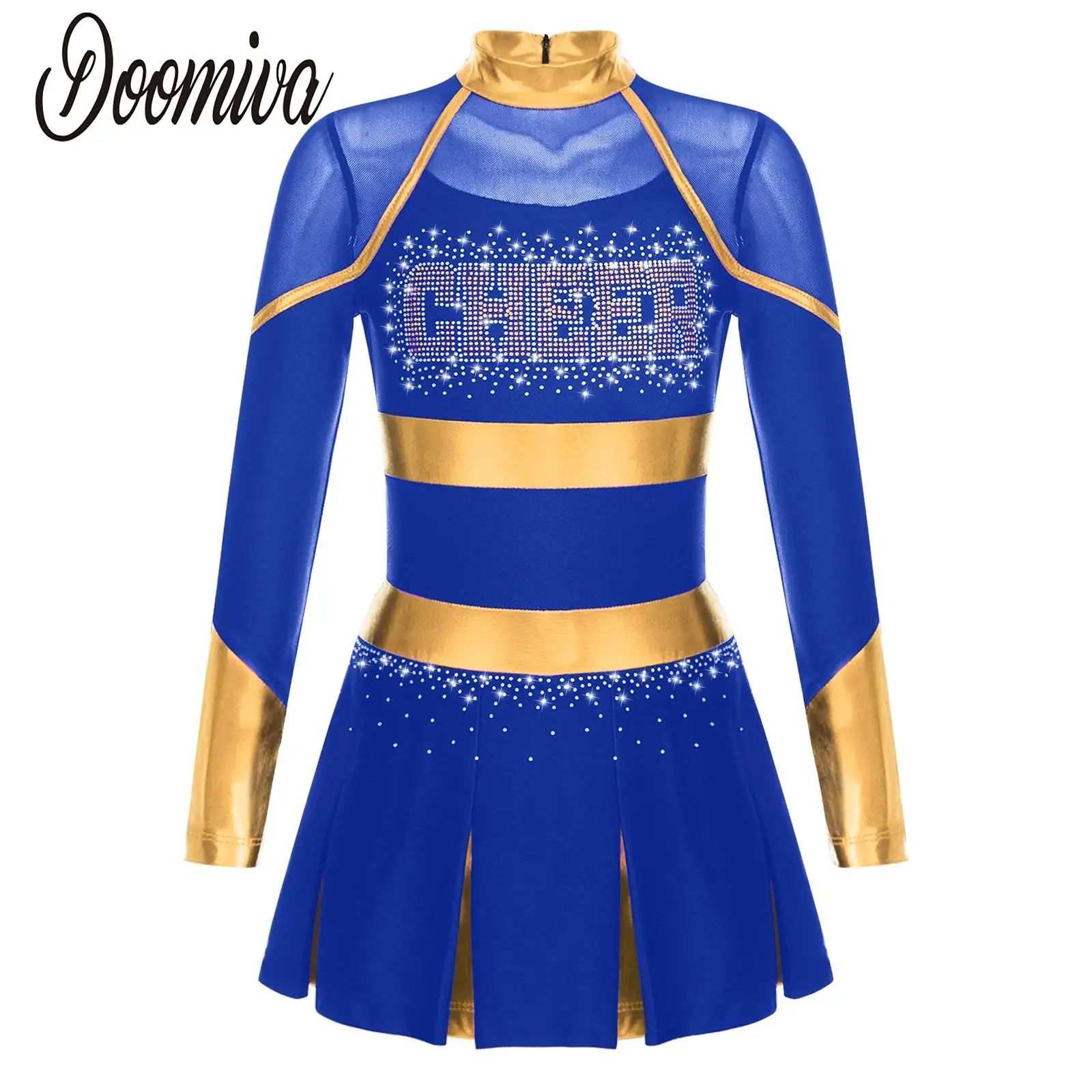 

Girls Cheerleading Dress Schoolgirls Group Long Sleeve Dance Dress Glitter Rhinestones Cheer Leader Dancing Stage Costume