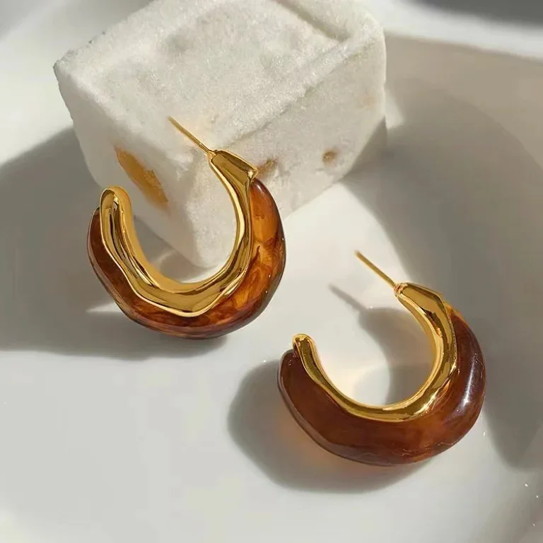 Baroque French Hoops Amber Earrings for Women Brown Crystal Resin Gold Geometry Baltic Malachite Imitation Emeral Green Stone