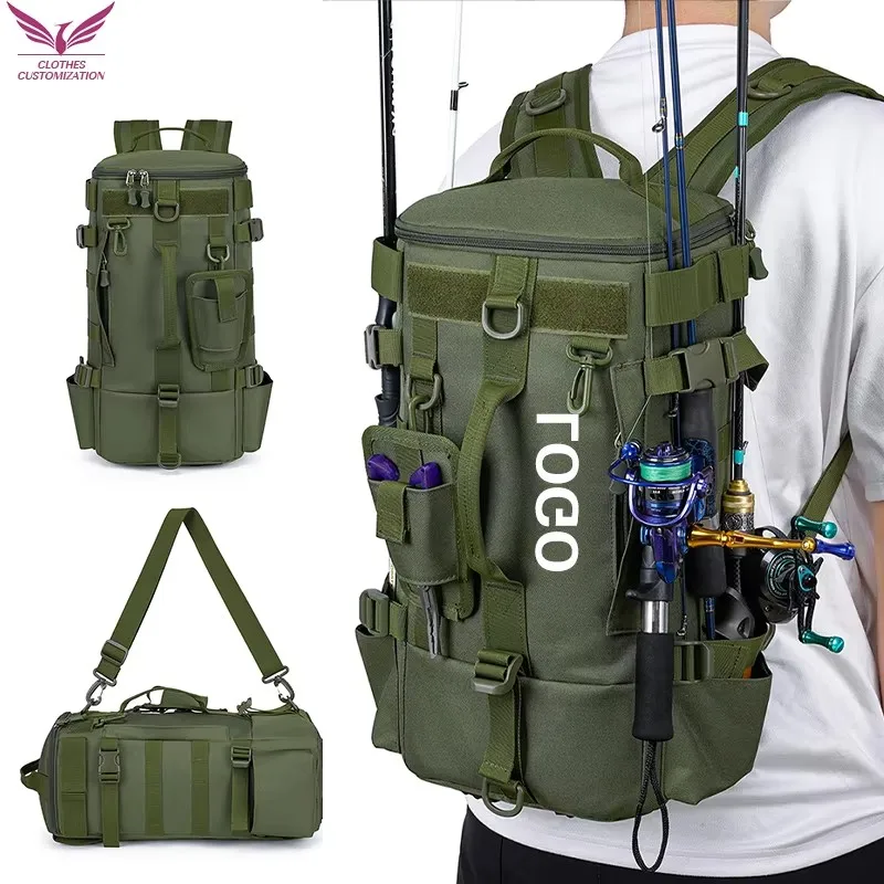 Outdoor Large Capacity Backpack Custom Logo Waterproof Fishing Bag Hiking Camping Cycling Mountains Travel Backpack Print Text