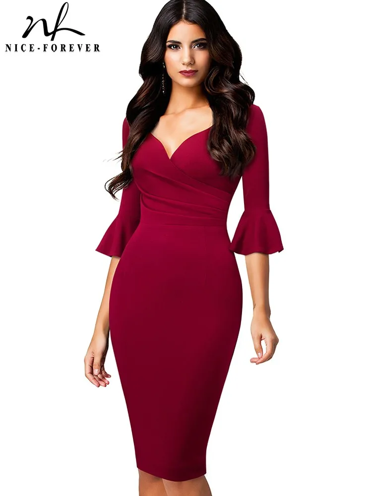 

Nice-forever Autumn Women Solid Color with Flare Sleeve Elegant Dresses Cocktail Party Vintage Bodycon Slim Dress B682