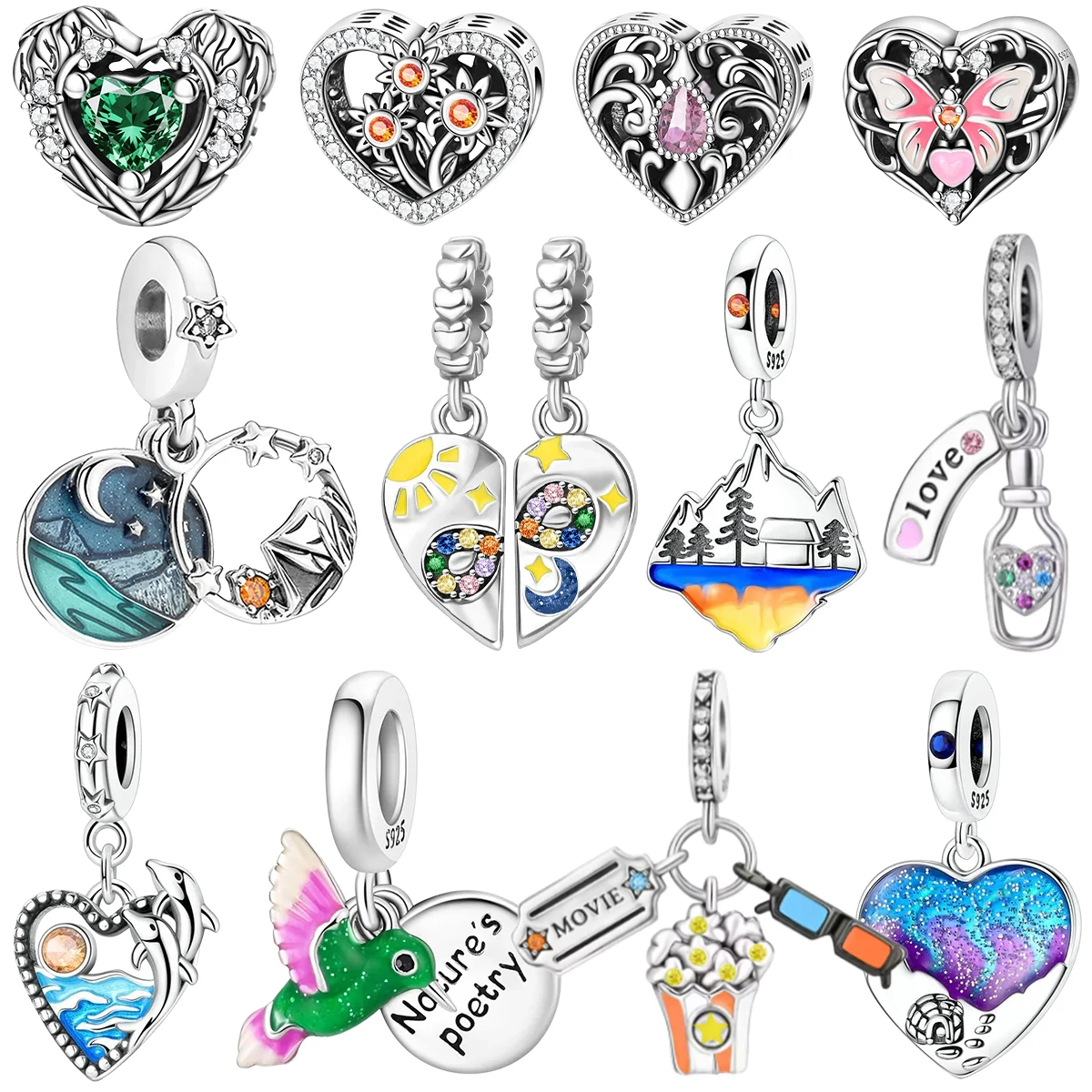 

925 Sterling Silver Heart Butterfly Charms Ornate Gem Accent Moon Star Bottle Dolphin Popcorn Beaded Bracelet Jewelry Gift