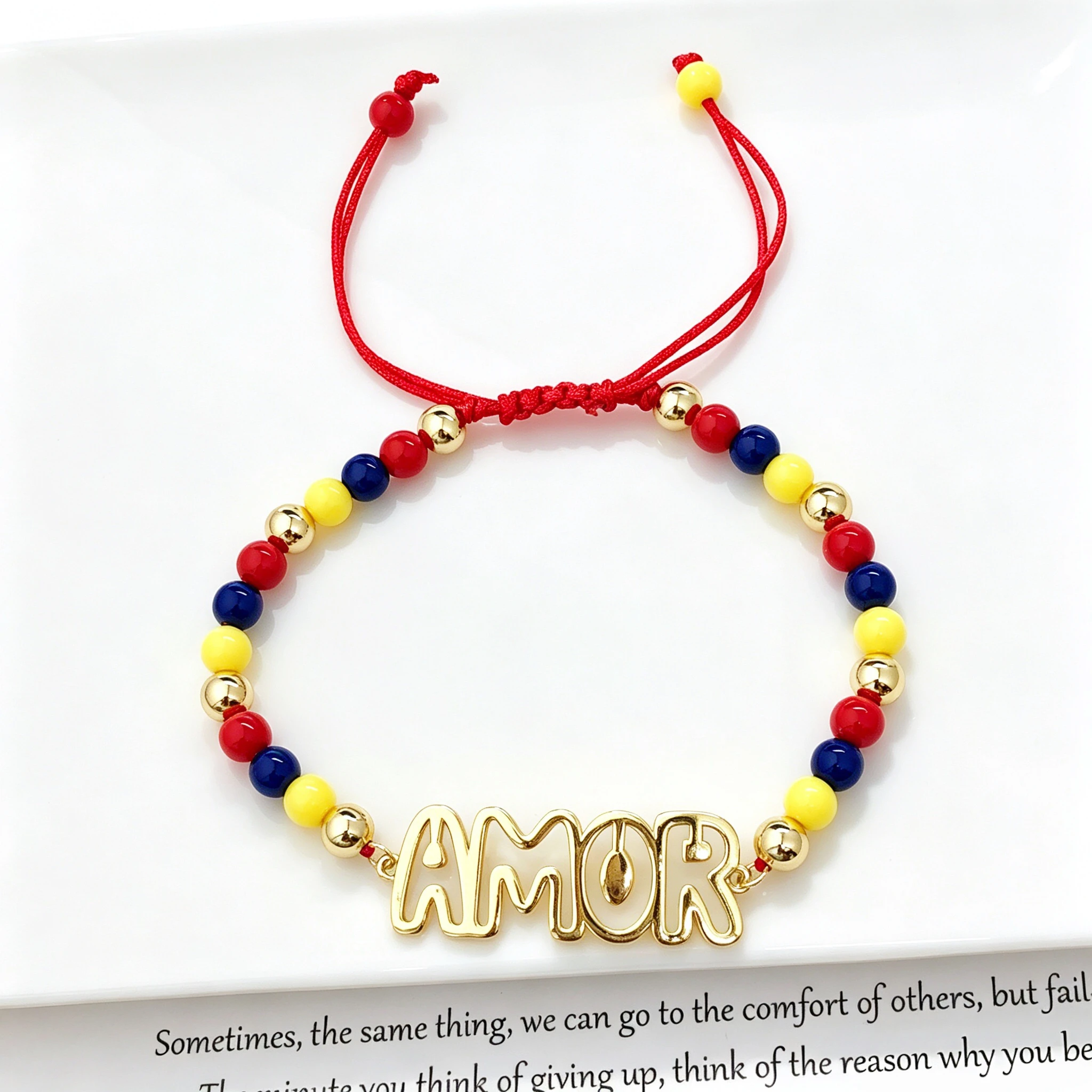 Trendy Colombia Color Beaded Red Rope Bracelet Spanish Letter DIOS FE AMOR LOVE Handmade Adjustable Wrist Jewelry For Women Men