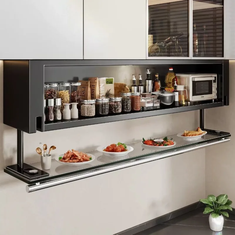 Modern Wall Mounted Racks Pull-down Transparent Glass Racks Anti-oil Dustproof Sensor-light Holders Simple Sturdy Home Storage