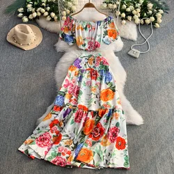 Summer Holiday Classic Black White Camisole Flower Two-piece Set Women Sexy Crop Tops A Line Maxi Long Skirts Suits 2pcs Outfits