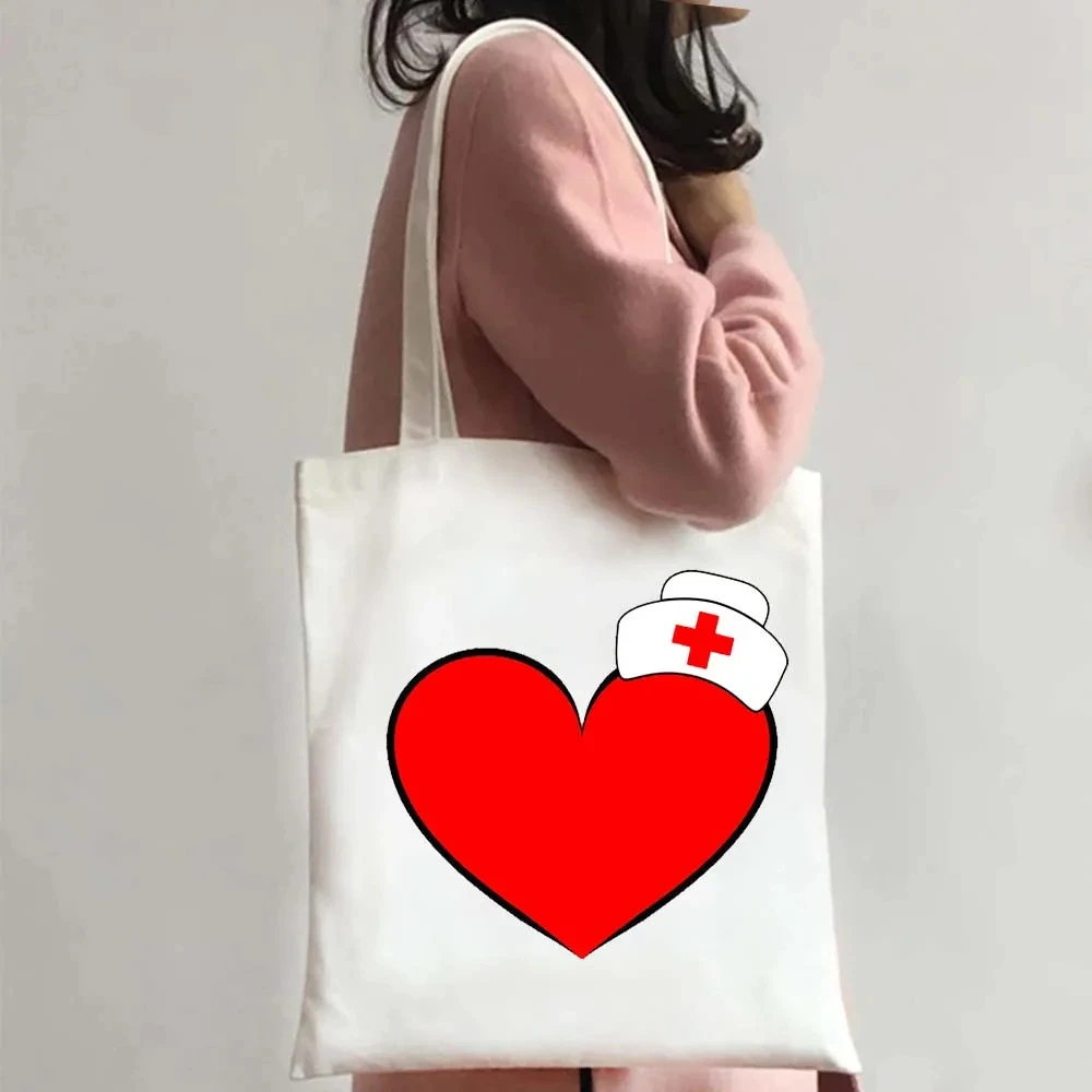 

Red Heart Nurse Cap Cross Symbol Print Canvas Tote Bag Handbag For Daily Shopping Hospital Work Casual Shoulder Bag
